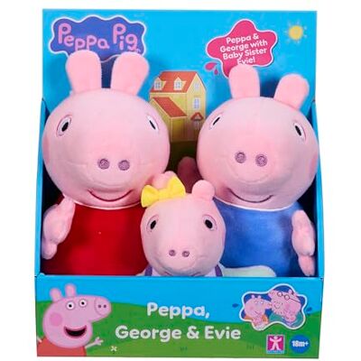 Peppa Pig Set van 3 pluche dieren Peppa, George en Baby Evie ultrazachte pluche dieren in klassieke stijl, vanaf 18 maanden. Peppa Pig Set van 3 pluche dieren Peppa, George en Baby Evie ultrazachte pluche dieren in klassieke stijl, vanaf 18 maanden.