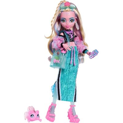 Monster Cable Lagoona Blue pop met kort bovendeel en sportieve lange rok, vergezeld van haar Neptuna-vis en 7 accessoires inclusief schelpbril, snack en handtas, JHK33 Monster Cable Lagoona Blue pop met kort bovendeel en sportieve lange rok, vergezeld van haar Neptuna-vis en 7 accessoires inclusief schelpbril, snack en handtas, JHK33
