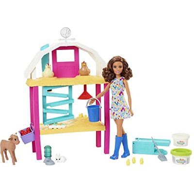 Barbie HGY88 Boerderijdoos met bruine pop (29 cm), kippenhok, boetseerklei, vorm, dieren en meer, speelgoed voor kinderen, vanaf 4 jaar, HGY88 Barbie HGY88 Boerderijdoos met bruine pop (29 cm), kippenhok, boetseerklei, vorm, dieren en meer, speelgoed voor kinderen, vanaf 4 jaar, HGY88