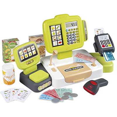 Smoby Grote kassa, 30 accessoires, mechanische weegschaal, echte rekenmachine, met geluids- en lichtscanner, 350114 Smoby Grote kassa, 30 accessoires, mechanische weegschaal, echte rekenmachine, met geluids- en lichtscanner, 350114