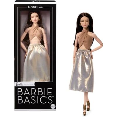 Barbie Basics Pop Collection Neutraal Model 06 van Mattel, bruin haar, glinsterende gouden rok en top, universele kleding, beweegbaar lichaam, JJX25 Barbie Basics Pop Collection Neutraal Model 06 van Mattel, bruin haar, glinsterende gouden rok en top, universele kleding, beweegbaar lichaam, JJX25