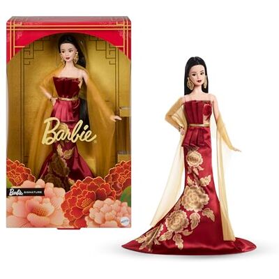 Barbie handtekening Chinees Nieuwjaar pop draagt gouden pioenroos print rode jurk feestverzamelspeelgoed JJX83 Barbie handtekening Chinees Nieuwjaar pop draagt gouden pioenroos print rode jurk feestverzamelspeelgoed JJX83