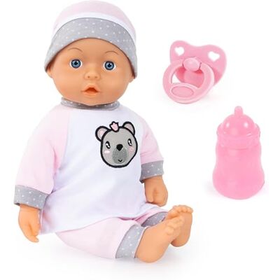 Bayer Design 93602AA babypop, interactieve pop die spreekt, slapende ogen, geeft een kus, roze, wit, 36 cm Bayer Design 93602AA babypop, interactieve pop die spreekt, slapende ogen, geeft een kus, roze, wit, 36 cm