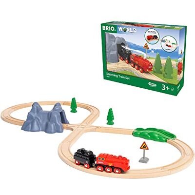 Brio World 36017 batterij-stoomtreinset, koude waterdamp stroomt tijdens het rijden uit de locomotiefschoorsteen, klassieke opstelling van de trein met acht Brio World 36017 batterij-stoomtreinset, koude waterdamp stroomt tijdens het rijden uit de locomotiefschoorsteen, klassieke opstelling van de trein met acht