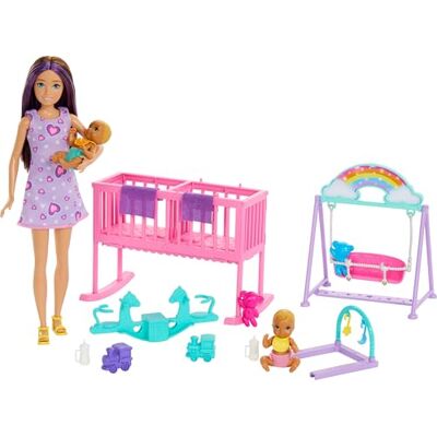 Barbie Partnerschap kleuterschool Met accessoires, twee tweelingbabypoppen, een wieg, een schommelschommel en meer, HXM99 Barbie Partnerschap kleuterschool Met accessoires, twee tweelingbabypoppen, een wieg, een schommelschommel en meer, HXM99