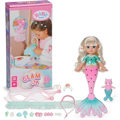 BABY born Glam Up Sparkle, zeemeermin met lang blond haar met uv-effect, voor styling met textielaccessoires en pinnen incl. huisdier metgezel BABY born Glam Up Sparkle, zeemeermin met lang blond haar met uv-effect, voor styling met textielaccessoires en pinnen incl. huisdier metgezel