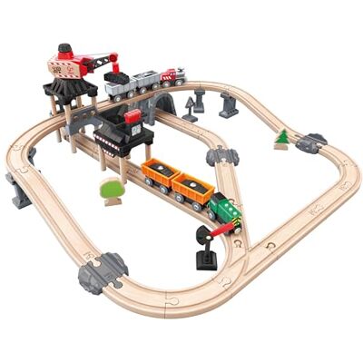 Hape Speelgoedset voor mijntrein, 64-delig, trein, locomotief, wagens en goederen, kraan, bewegwijzering educatief spel voor kinderen vanaf 3 jaar compatibel met traditionele merken Hape Speelgoedset voor mijntrein, 64-delig, trein, locomotief, wagens en goederen, kraan, bewegwijzering educatief spel voor kinderen vanaf 3 jaar compatibel met traditionele merken