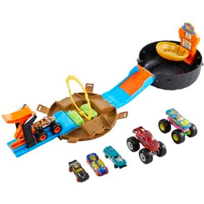 Hot Wheels Monster Trucks Arena-wielset, 3 monstertrucks en 3 voertuigen 1/64, cadeau 4-8 jaar, HHY74 Hot Wheels Monster Trucks Arena-wielset, 3 monstertrucks en 3 voertuigen 1/64, cadeau 4-8 jaar, HHY74