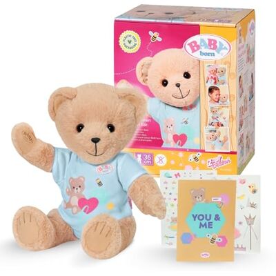 BABY born Beer Zacht teddybeer met beweegbare armen en benen Knuffel met blauwe romper en inclusief accessoires Geschikt voor kinderen vanaf 0 jaar BABY born Beer Zacht teddybeer met beweegbare armen en benen Knuffel met blauwe romper en inclusief accessoires Geschikt voor kinderen vanaf 0 jaar