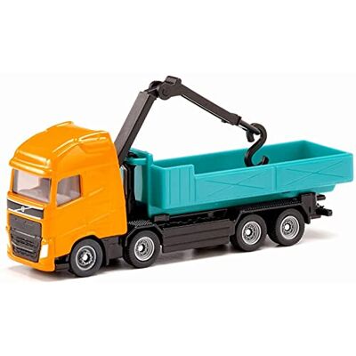 Siku 1683, Volvo polybenne-truck met kraan, metaal/kunststof, oranje/turquoise, amperroll kip, draaibare kraan Siku 1683, Volvo polybenne-truck met kraan, metaal/kunststof, oranje/turquoise, amperroll kip, draaibare kraan