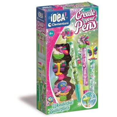 Clementoni Idea – Create Your Pens: Wonderful Butterflies, Laboratorium voor gepersonaliseerde pennen, creatieve kit voor kinderen van 6 jaar met 3 aanpasbare pennen met inkt en accessoires, 18873 Clementoni Idea – Create Your Pens: Wonderful Butterflies, Laboratorium voor gepersonaliseerde pennen, creatieve kit voor kinderen van 6 jaar met 3 aanpasbare pennen met inkt en accessoires, 18873