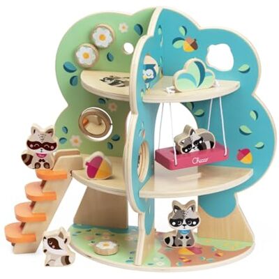 Chicco Speelset van hout, wasbeerboom, Montessori-spel, 4 exclusieve figuren, 34 cm hoge speelset op twee niveaus, spel voor meisjes en jongens, cadeau-idee Chicco Speelset van hout, wasbeerboom, Montessori-spel, 4 exclusieve figuren, 34 cm hoge speelset op twee niveaus, spel voor meisjes en jongens, cadeau-idee