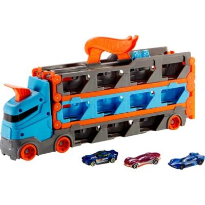Hot Wheels Super Transporter, uittrekbaar, vrachtwagen, voor het opbergen van maximaal 20 voertuigen met circuit, incl. 3 auto's, kinderspeelgoed, GVG37 Hot Wheels Super Transporter, uittrekbaar, vrachtwagen, voor het opbergen van maximaal 20 voertuigen met circuit, incl. 3 auto's, kinderspeelgoed, GVG37