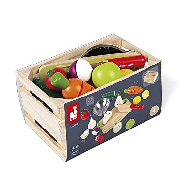 Janod Green Market Maxi Set groenten en fruit Marktkrat met 9 klittenband groenten en fruit om te snijden houten plank en mes metalen zeef vanaf 3 jaar, J06607 Janod Green Market Maxi Set groenten en fruit Marktkrat met 9 klittenband groenten en fruit om te snijden houten plank en mes metalen zeef vanaf 3 jaar, J06607