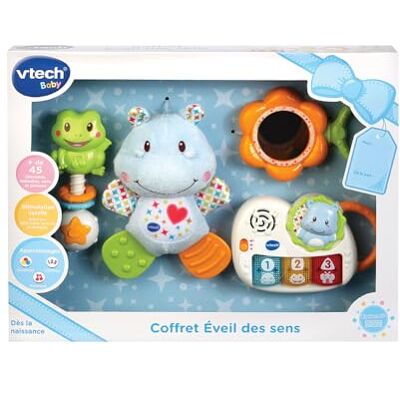 VTech Geschenkset voor geboorte, ontwaken van de zintuigen, cadeau voor geboorte met babyspeelgoed, blauw, Franse versie VTech Geschenkset voor geboorte, ontwaken van de zintuigen, cadeau voor geboorte met babyspeelgoed, blauw, Franse versie
