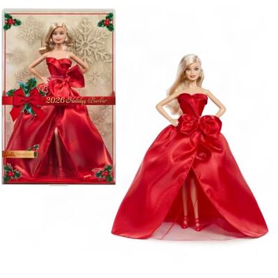 Barbie Happy Christmas 2026 pop met blond haar Draagt rode jurk met strik, verzamelpop voor feestjes, met presentatieverpakking en sokkel, JJX70 Barbie Happy Christmas 2026 pop met blond haar Draagt rode jurk met strik, verzamelpop voor feestjes, met presentatieverpakking en sokkel, JJX70