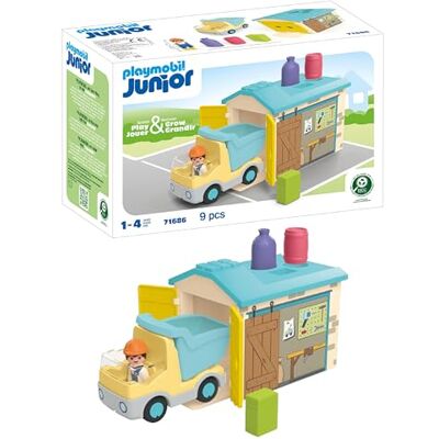 Playmobil Junior 71686 Bouwwagen met garage, beweegbare schommelbox en garage, duurzaam speelgoed van plantaardige kunststof, speelgoed voor jongens en meisjes vanaf 1 jaar Playmobil Junior 71686 Bouwwagen met garage, beweegbare schommelbox en garage, duurzaam speelgoed van plantaardige kunststof, speelgoed voor jongens en meisjes vanaf 1 jaar