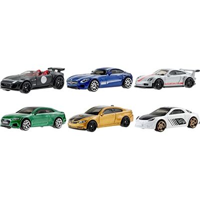 Hot Wheels Set van 6 Europese voertuigen Functionele wielen Realistische replica's Verzamelbaar Schaal 1/64 Cadeau vanaf 3 jaar, HDH51 Hot Wheels Set van 6 Europese voertuigen Functionele wielen Realistische replica's Verzamelbaar Schaal 1/64 Cadeau vanaf 3 jaar, HDH51