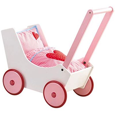 HABA 950 Poppenkinderwagen in hartvorm, schattige houten kinderwagen met verstelbare dubbele beugel, matras, kussen en deken, speelgoed vanaf 12 maanden HABA 950 Poppenkinderwagen in hartvorm, schattige houten kinderwagen met verstelbare dubbele beugel, matras, kussen en deken, speelgoed vanaf 12 maanden