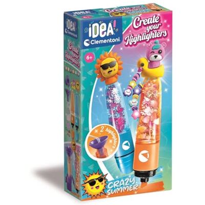 Clementoni Idea Create Your Highlighters Crazy Summer, gepersonaliseerde markeerstiften, creatieve set voor kinderen vanaf 6 jaar, met 3 aanpasbare markeerstiften met accessoires Clementoni Idea Create Your Highlighters Crazy Summer, gepersonaliseerde markeerstiften, creatieve set voor kinderen vanaf 6 jaar, met 3 aanpasbare markeerstiften met accessoires