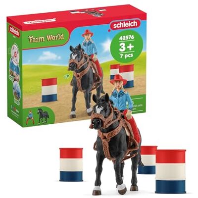 Schleich 42576 Farm World Cowgirl figuur en racing vaten met figuur en paard Schleich 42576 Farm World Cowgirl figuur en racing vaten met figuur en paard