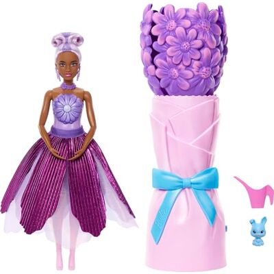 Barbie Paarse petals pop en accessoires, geurpop met paarse bloemenjurk en accessoires, verrassingsboeket met konijn en andere elementen zoals een gieter, JMF58 Barbie Paarse petals pop en accessoires, geurpop met paarse bloemenjurk en accessoires, verrassingsboeket met konijn en andere elementen zoals een gieter, JMF58