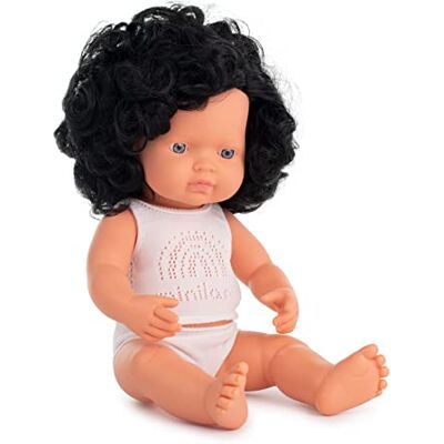 Miniland Dolls: 31262 Europese pop van zacht vinyl met zwarte gespen, 38 cm Miniland Dolls: 31262 Europese pop van zacht vinyl met zwarte gespen, 38 cm