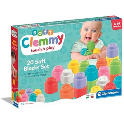 Clementoni Set van 20 bouwsets voor jonge kinderen, zachte Clemmy-stenen, kinderblokken 6 maanden, sensorisch spel, stapelbaar en wasbaar, gemaakt in Italië, meerkleurig, 17989 Clementoni Set van 20 bouwsets voor jonge kinderen, zachte Clemmy-stenen, kinderblokken 6 maanden, sensorisch spel, stapelbaar en wasbaar, gemaakt in Italië, meerkleurig, 17989