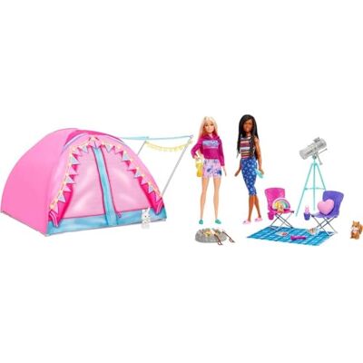 Barbie Familie campingset met 2 Malibu en Brooklyn poppen, tent en accessoires, waaronder dierenfiguren en telescoop, kinderspeelgoed, HGC18 Barbie Familie campingset met 2 Malibu en Brooklyn poppen, tent en accessoires, waaronder dierenfiguren en telescoop, kinderspeelgoed, HGC18