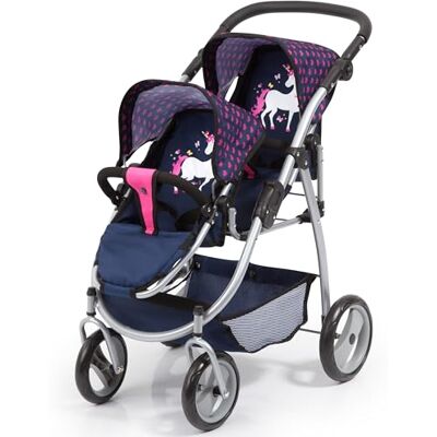 Bayer Design 26554AA dubbele kinderwagen voor poppen, blauw, roze, eenhoorn Bayer Design 26554AA dubbele kinderwagen voor poppen, blauw, roze, eenhoorn