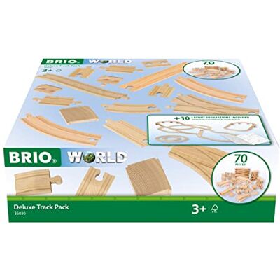 Brio World 36030 Deluxe-railserie 70-delige set met rails, wissels en brugpilaren voor creatief spoorwegspel Inclusief flyers met verschillende route-opties Brio World 36030 Deluxe-railserie 70-delige set met rails, wissels en brugpilaren voor creatief spoorwegspel Inclusief flyers met verschillende route-opties