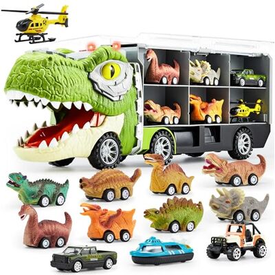 JOYIN Dinosaurus vrachtwagen speelgoed voor kinderen van 3 tot 8 jaar, 12 voertuigen om te trekken, transportwagen met muziek, brullend geluid, knipperende lichten, 1 helikopter JOYIN Dinosaurus vrachtwagen speelgoed voor kinderen van 3 tot 8 jaar, 12 voertuigen om te trekken, transportwagen met muziek, brullend geluid, knipperende lichten, 1 helikopter