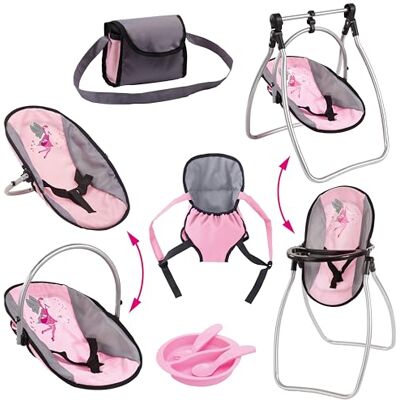 Bayer Design 63608AB Poppenkinderstoel, babydrager voor pop, tas, accessoires, roze, grijs Bayer Design 63608AB Poppenkinderstoel, babydrager voor pop, tas, accessoires, roze, grijs
