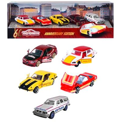 Majorette Cadeauset 60 jaar (5 modelauto's) 5 premium speelgoedauto's van metaal met 2 exclusieve automodellen, elk 7,5 cm, voor kinderen vanaf 3 jaar Majorette Cadeauset 60 jaar (5 modelauto's) 5 premium speelgoedauto's van metaal met 2 exclusieve automodellen, elk 7,5 cm, voor kinderen vanaf 3 jaar