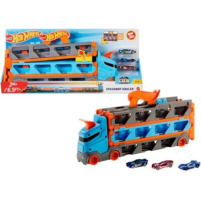Hot Wheels Super Transporter, uittrekbaar, Track Truck voor het opbergen van maximaal 20 voertuigen, incl. 3 auto's, gesloten verpakking, kinderspeelgoed, HGH33 Hot Wheels Super Transporter, uittrekbaar, Track Truck voor het opbergen van maximaal 20 voertuigen, incl. 3 auto's, gesloten verpakking, kinderspeelgoed, HGH33