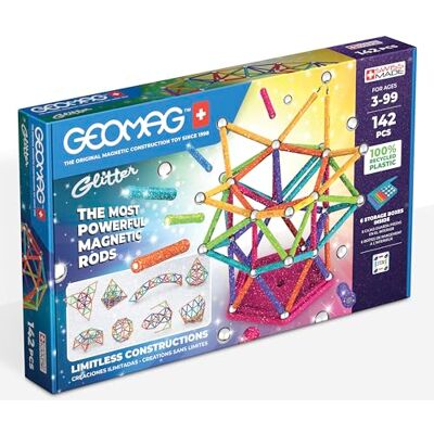 Geomag Glitter 142-delig – 100% gerecycled kunststof – magneetbouwspel met glitter voor kinderen vanaf 3 – 4 jaar – Zwitserse productie – magnetisch spel met 68 staven, 68 ballen, 6 basissen – STEM Geomag Glitter 142-delig – 100% gerecycled kunststof – magneetbouwspel met glitter voor kinderen vanaf 3 – 4 jaar – Zwitserse productie – magnetisch spel met 68 staven, 68 ballen, 6 basissen – STEM