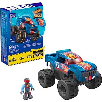 Mega Hot Wheels HMM49 Smash and Crash Race Ace Monster Truck 85-delige bouwset, smash- en crash-functie, rood en blauw schilderij, beweegbare microfiguur, vanaf 5 jaar Mega Hot Wheels HMM49 Smash and Crash Race Ace Monster Truck 85-delige bouwset, smash- en crash-functie, rood en blauw schilderij, beweegbare microfiguur, vanaf 5 jaar