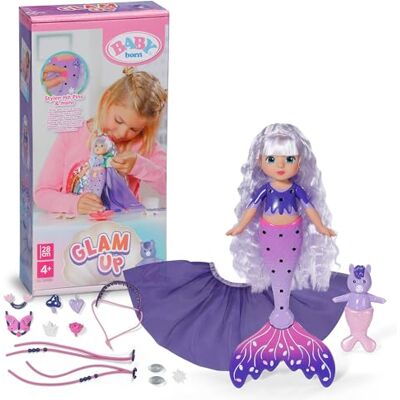 BABY born Glam Up Aura, zeemeermin met lang paars haar met uv-effect, om te stylen met textielaccessoires en dennenbomen incl. huisdier metgezel BABY born Glam Up Aura, zeemeermin met lang paars haar met uv-effect, om te stylen met textielaccessoires en dennenbomen incl. huisdier metgezel