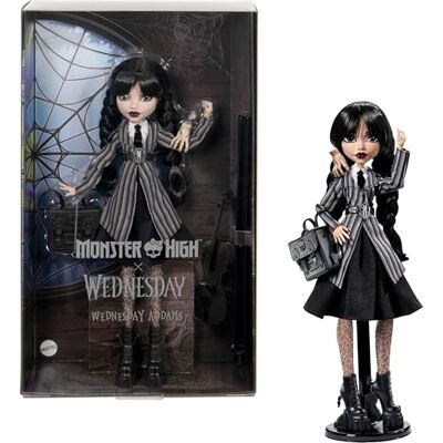 Monster Cable Woensdag Addams in uniform pop om te verzamelen in het uniform van de Nevermore Academy met het ding en een rugzak, poppenstandaard, HXJ04 Monster Cable Woensdag Addams in uniform pop om te verzamelen in het uniform van de Nevermore Academy met het ding en een rugzak, poppenstandaard, HXJ04