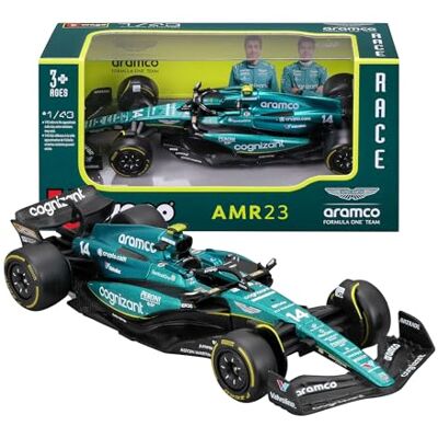 Bburago Aston Martin AMR23#14 Alonso Realistische F1-auto op schaal 1:43, gietijzeren replica met officiële Aston Martin-licentie, aanbevolen leeftijd: 3 jaar en ouder Bburago Aston Martin AMR23#14 Alonso Realistische F1-auto op schaal 1:43, gietijzeren replica met officiële Aston Martin-licentie, aanbevolen leeftijd: 3 jaar en ouder