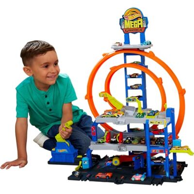 Hot Wheels JLC05 Speelgoedautotrackset met Die-Cast-auto en helikopter, 3 speelniveaus, 2 lussen, ruimte voor 37 voertuigen in schaal 1:64, sneladapter Hot Wheels JLC05 Speelgoedautotrackset met Die-Cast-auto en helikopter, 3 speelniveaus, 2 lussen, ruimte voor 37 voertuigen in schaal 1:64, sneladapter