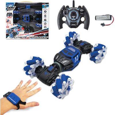 Lexibook Extreme Crosslander auto met verlichting, afstandsbediening, polsband met gebarenbesturing, oplaadbaar, elektronisch actiespel, blauw/zwart, RC50, blauw/wit Lexibook Extreme Crosslander auto met verlichting, afstandsbediening, polsband met gebarenbesturing, oplaadbaar, elektronisch actiespel, blauw/zwart, RC50, blauw/wit