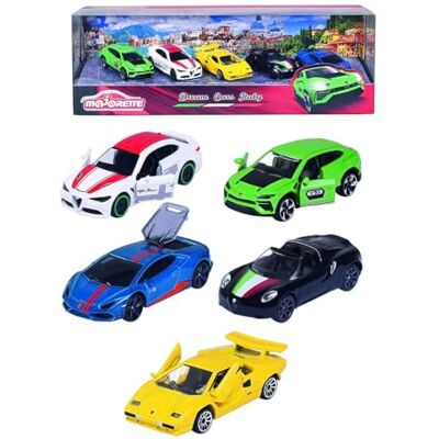 Majorette Dream Cars Italy 212053178 Italiaanse auto set van 5 in geschenkdoos, 7,5 cm, gemaakt van kunststof en metaal, vrij draaiende wielen en vering Majorette Dream Cars Italy 212053178 Italiaanse auto set van 5 in geschenkdoos, 7,5 cm, gemaakt van kunststof en metaal, vrij draaiende wielen en vering
