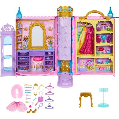 Mattel Disney-prinsessen klaar voor het bal, kleedset met 2 outfits, 25 accessoires, kaptafel, pascabine, podium en opslag, ontvouwt zich tot 60 cm, geïnspireerd op de HXC20-film Mattel Disney-prinsessen klaar voor het bal, kleedset met 2 outfits, 25 accessoires, kaptafel, pascabine, podium en opslag, ontvouwt zich tot 60 cm, geïnspireerd op de HXC20-film