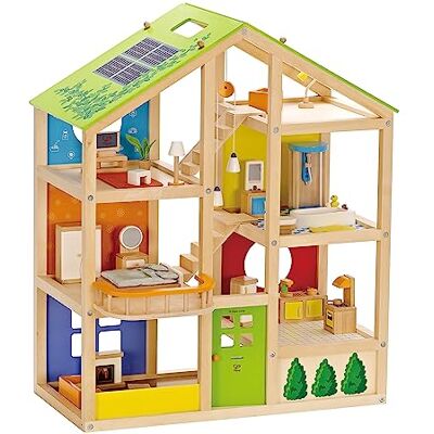 Hape Bekroond vier seizoenen poppenhuis van hout met drie verdiepingen met meubels, accessoires, schuiftrap en omkeerbaar dak voor alle seizoenen Hape Bekroond vier seizoenen poppenhuis van hout met drie verdiepingen met meubels, accessoires, schuiftrap en omkeerbaar dak voor alle seizoenen
