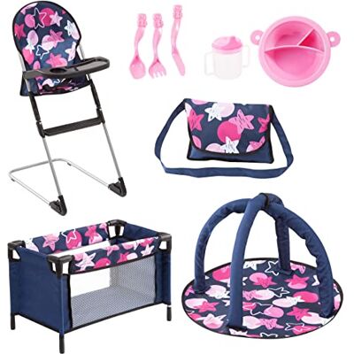 Bayer Design 61769AB Poppenaccessoireset, kinderstoel, poppenbed, schoudertas, kruipmat, kunststof accessoires, voor meisjes en jongens, vanaf 3 jaar Bayer Design 61769AB Poppenaccessoireset, kinderstoel, poppenbed, schoudertas, kruipmat, kunststof accessoires, voor meisjes en jongens, vanaf 3 jaar