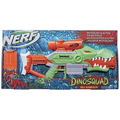 Nerf DinoSquad, gemotoriseerde Rex-Rampage Blaster, 10-dart clip, 20 darts, Tyrannosaurus motief, veelkleurig Nerf DinoSquad, gemotoriseerde Rex-Rampage Blaster, 10-dart clip, 20 darts, Tyrannosaurus motief, veelkleurig