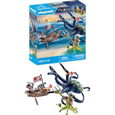 Playmobil Pirates 71419 gevecht met gigantische octopus, piraten tegen Deepers, een grote inktvis met echte watersproeifunctie en complete accessoires, kinderspeelgoed vanaf 4 Playmobil Pirates 71419 gevecht met gigantische octopus, piraten tegen Deepers, een grote inktvis met echte watersproeifunctie en complete accessoires, kinderspeelgoed vanaf 4