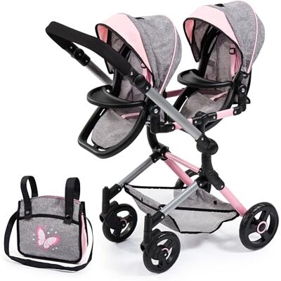 Bayer Design 26233AA dubbele kinderwagen voor poppen, kinderwagen, verstelbaar, opvouwbaar, geïntegreerde mand, tas, compatibel met EasyGo autostoel Bayer Design 26233AA dubbele kinderwagen voor poppen, kinderwagen, verstelbaar, opvouwbaar, geïntegreerde mand, tas, compatibel met EasyGo autostoel