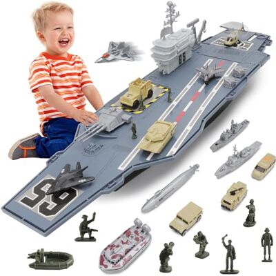 deAO Realistisch design speelgoedvliegdekschip, accessoires, militair schip, 10 soldaten, vrachtwagens, jachtvliegtuigen, slagschip enz. 26 stuks speelset vliegtuighouders, militaire bootmodel slagschepen deAO Realistisch design speelgoedvliegdekschip, accessoires, militair schip, 10 soldaten, vrachtwagens, jachtvliegtuigen, slagschip enz. 26 stuks speelset vliegtuighouders, militaire bootmodel slagschepen